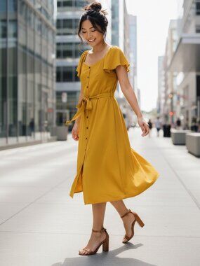 Monteau LA Dress Large Yellow Flutter Sleeve Belted Boho Cottagecore